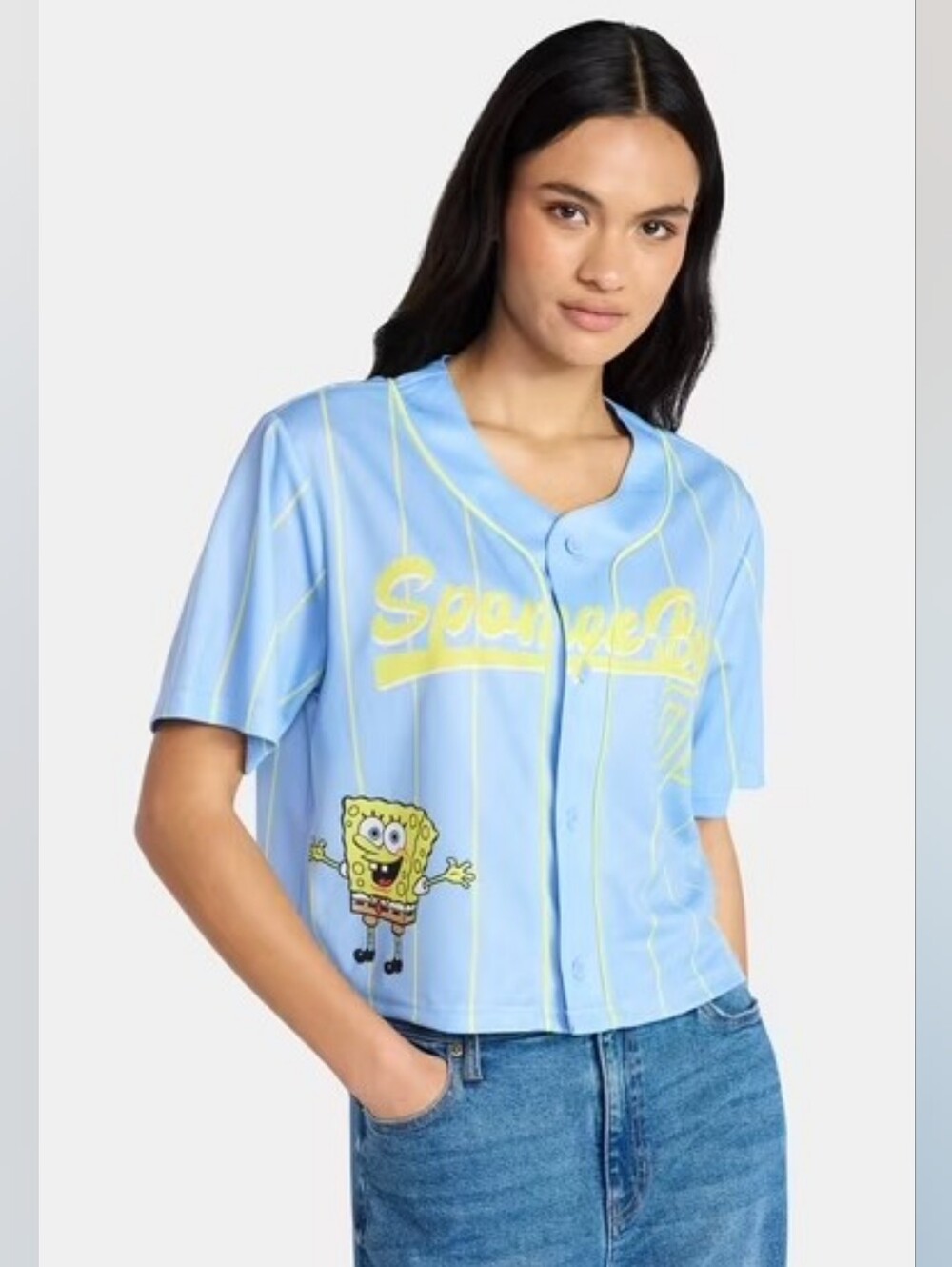 Sponge Bob Square Pants Light Blue Graphic Cropped Baseball Jersey Top